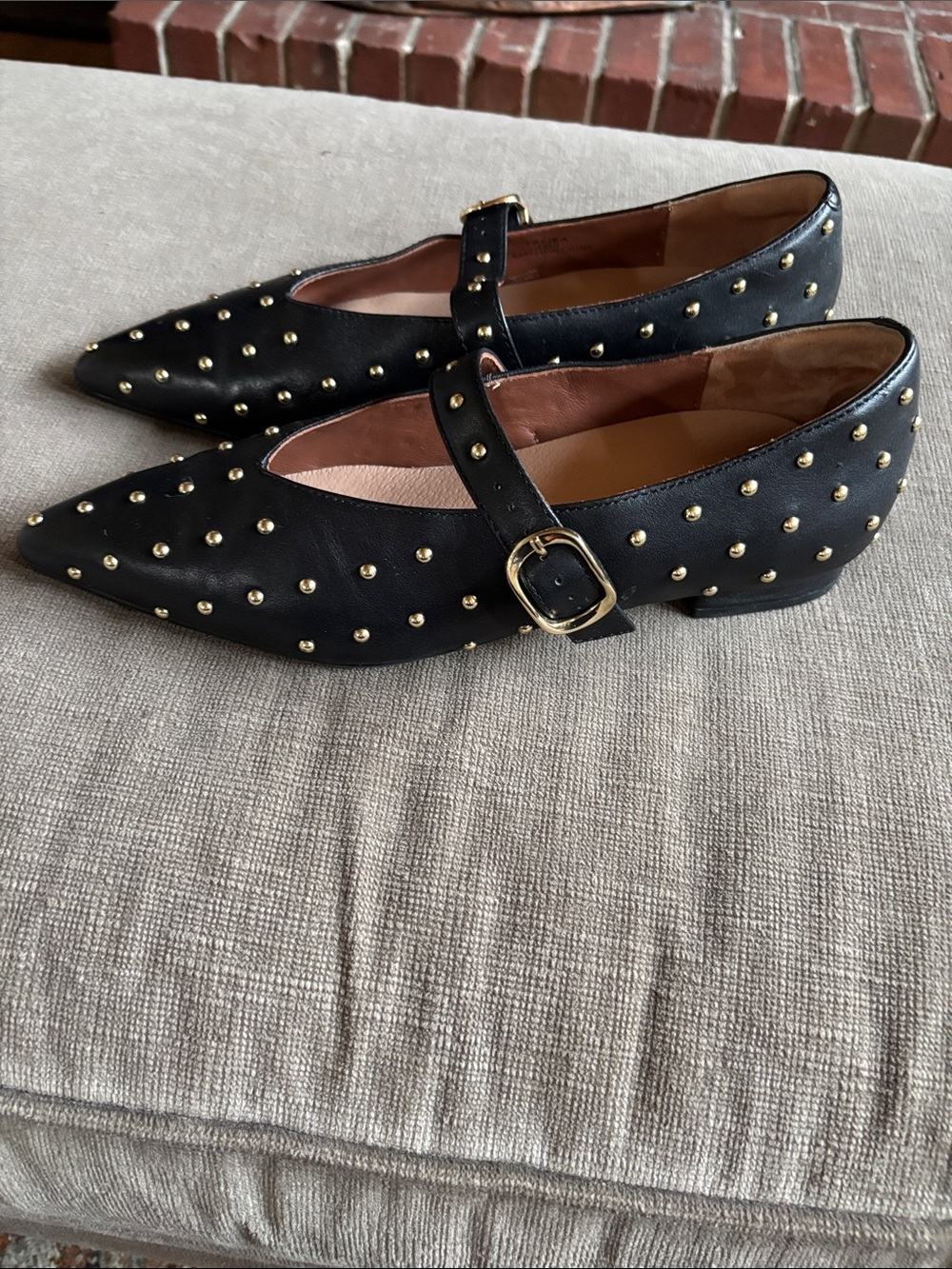 Bared Footwear Black Pointed Mary Jane Flats with Gold Studs - Picture 2 of 6